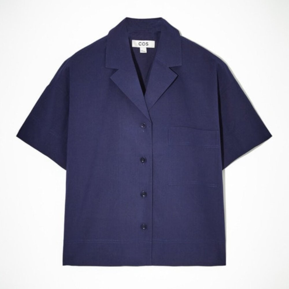 COS Oversized Camp Collar Short Sleeve Shirt | Navy | Large